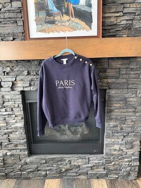 H&M Navy Blue 'PARIS' Crewneck Sweatshirt with Gold Buttons